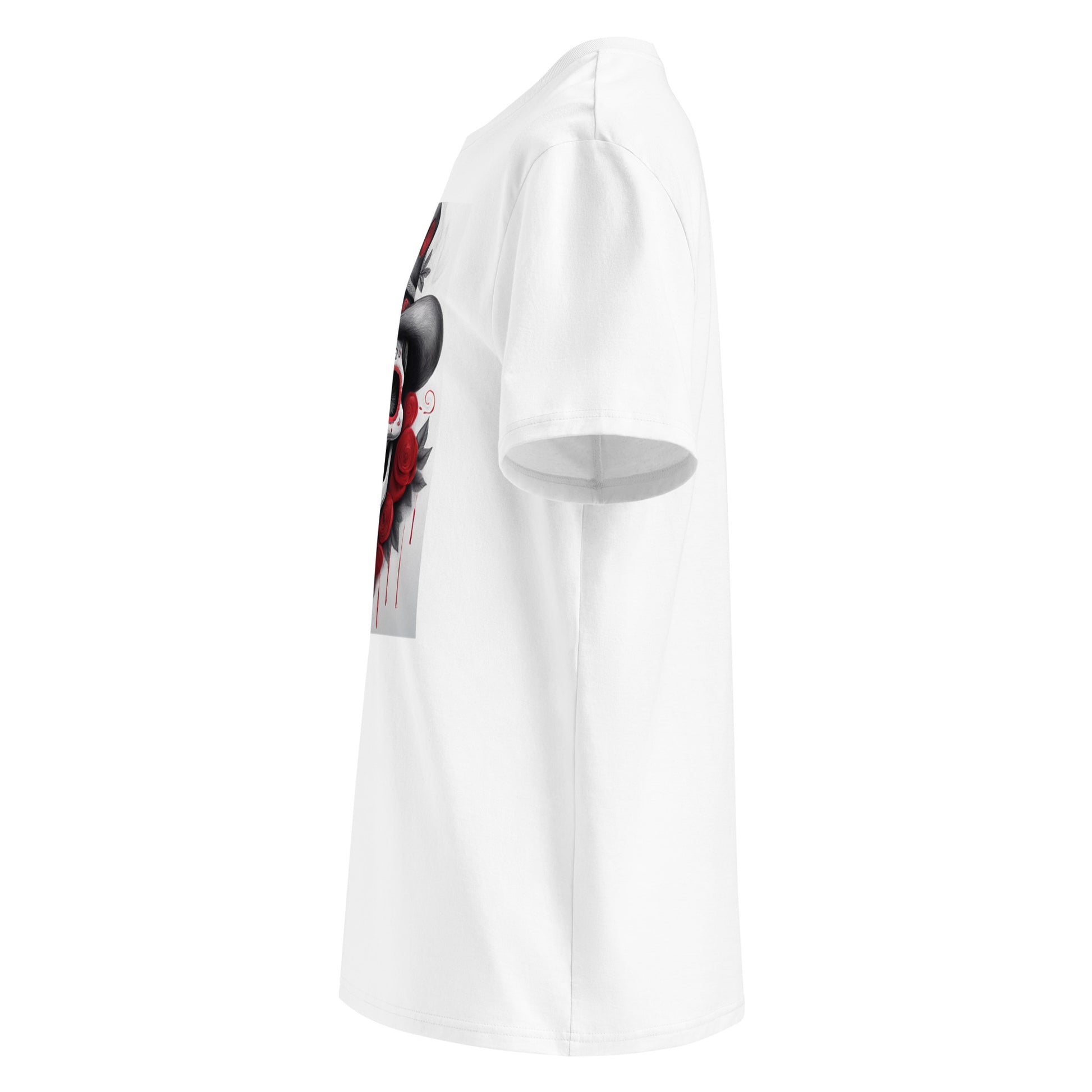 Left side view of El Jefe Calavera Tee highlighting bold red floral skull artwork and top hat.