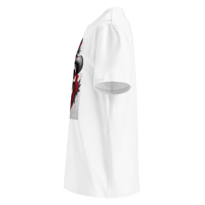 Left side view of El Jefe Calavera Tee highlighting bold red floral skull artwork and top hat.