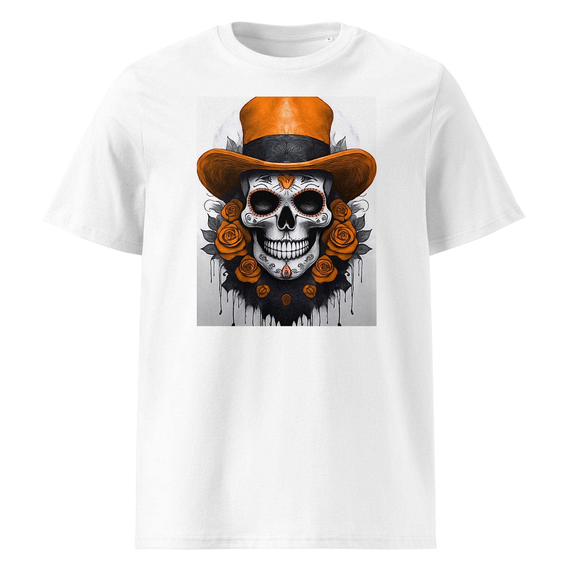 Front view of El Jefe Calavera Tee featuring a papaya-coloured top hat skull surrounded by orange roses, inspired by McLaren F1 colours.