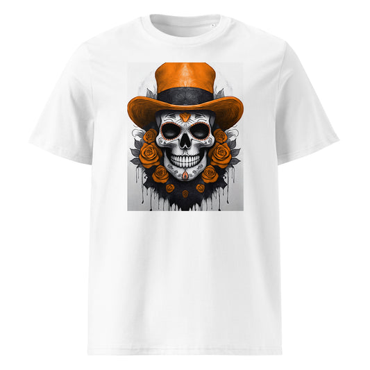 Front view of El Jefe Calavera Tee featuring a papaya-coloured top hat skull surrounded by orange roses, inspired by McLaren F1 colours.