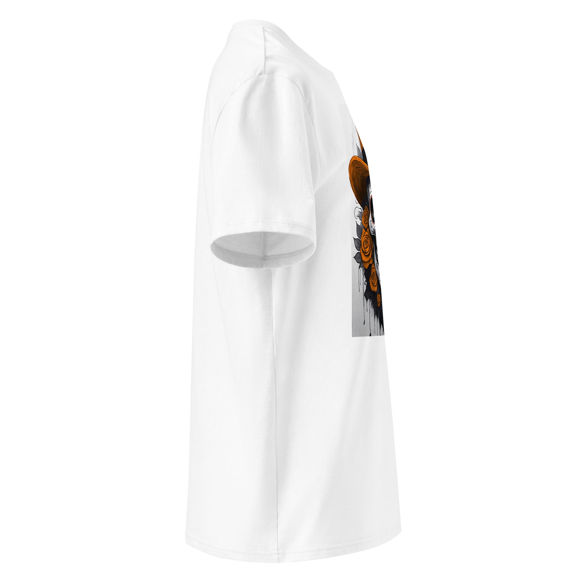Right side angle of El Jefe Calavera Tee showing clean sleeve without logo and detailed top hat skull design.