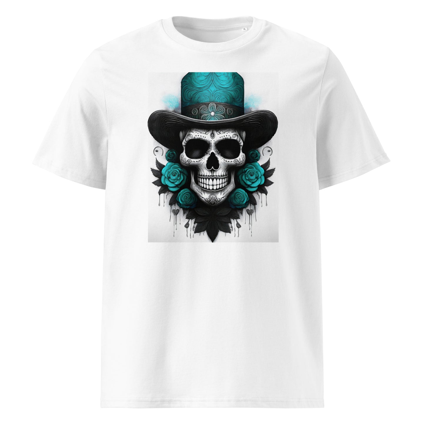 Front view of El Jefe Calavera Tee featuring a teal and black skull in a top hat surrounded by teal roses, inspired by Mercedes AMG F1 team colours.