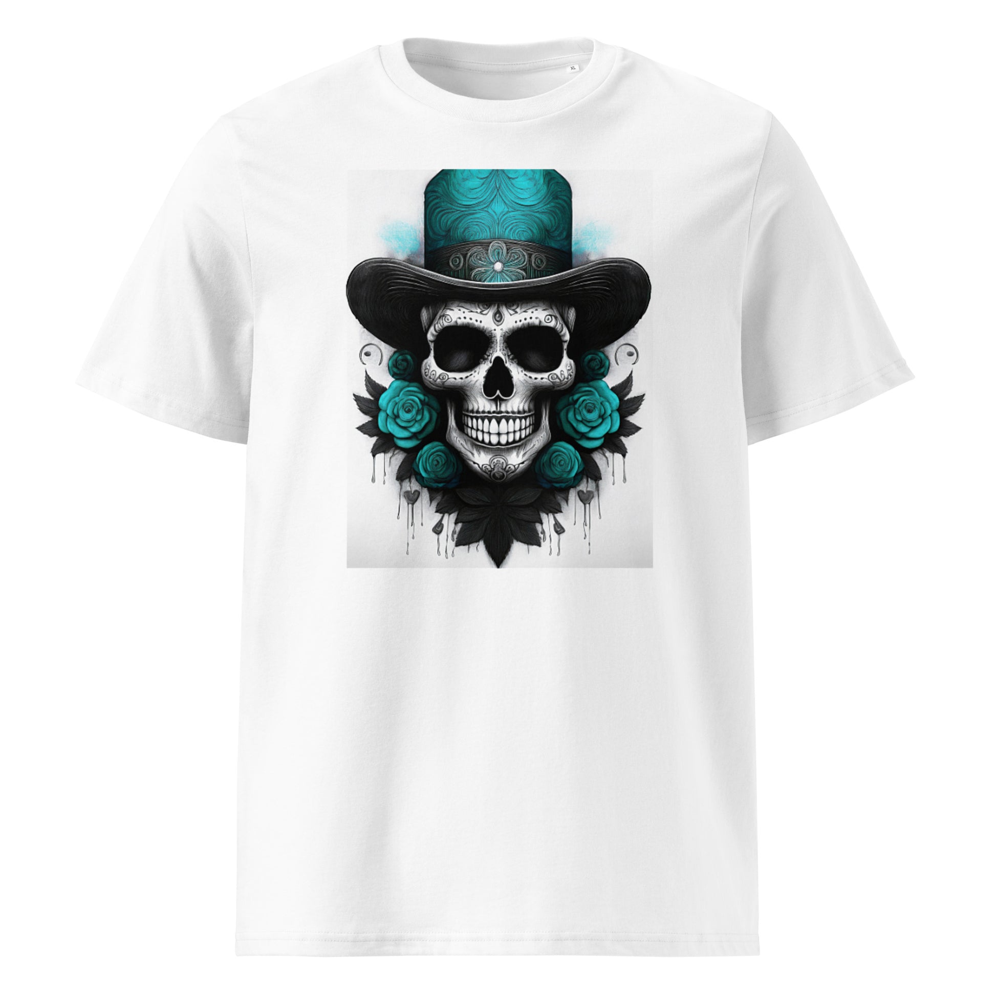 Front view of El Jefe Calavera Tee featuring a teal and black skull in a top hat surrounded by teal roses, inspired by Mercedes AMG F1 team colours.