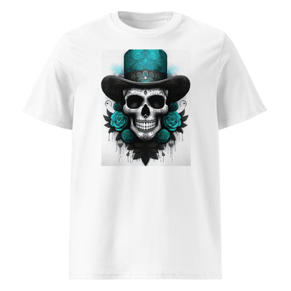 Front view of El Jefe Calavera Tee featuring a teal and black skull in a top hat surrounded by teal roses, inspired by Mercedes AMG F1 team colours.
