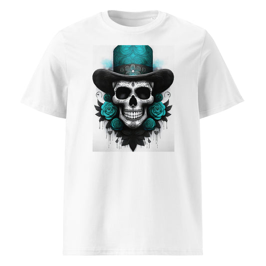 Front view of El Jefe Calavera Tee featuring a teal and black skull in a top hat surrounded by teal roses, inspired by Mercedes AMG F1 team colours.