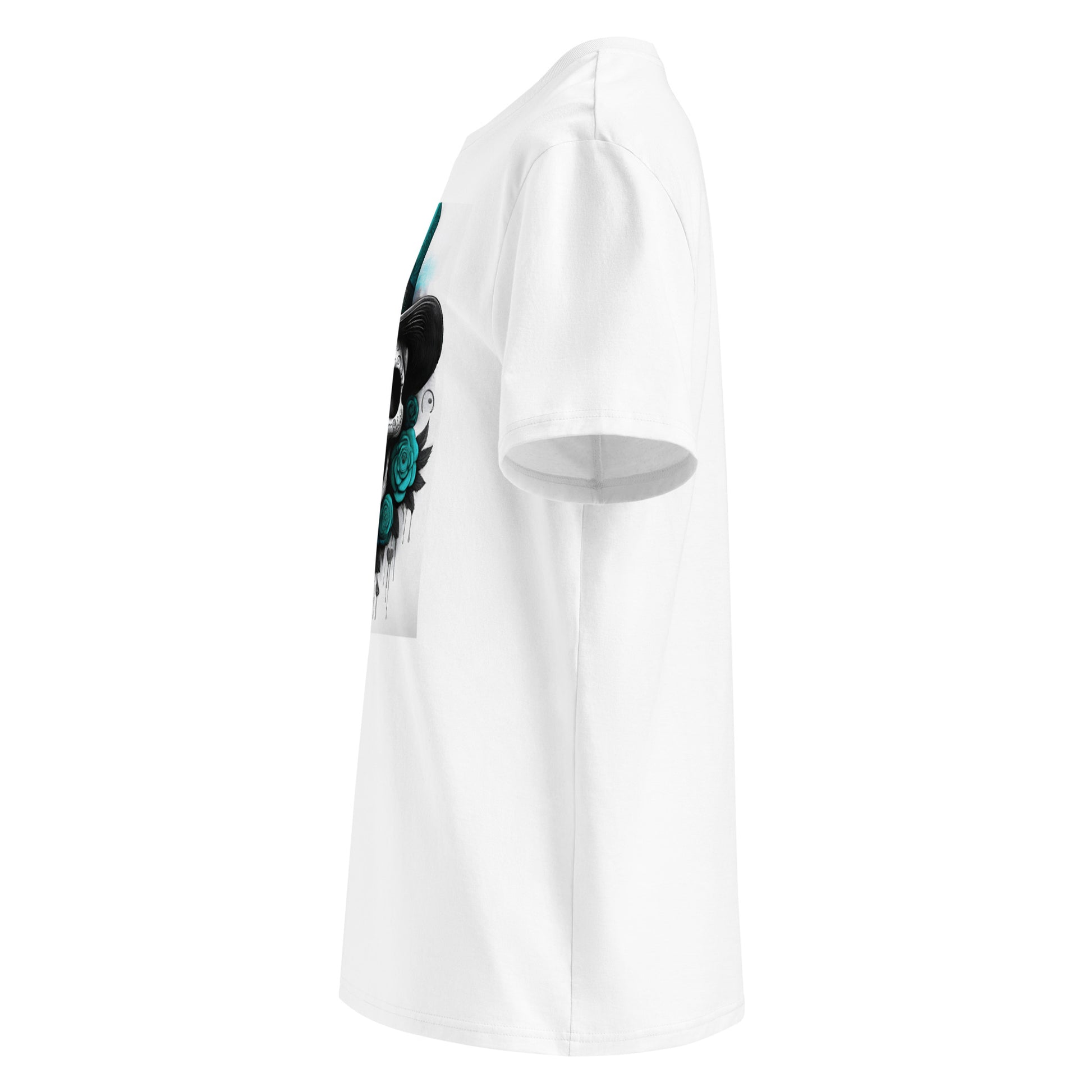 Left side view of El Jefe Calavera Tee highlighting vibrant teal floral skull artwork and top hat.