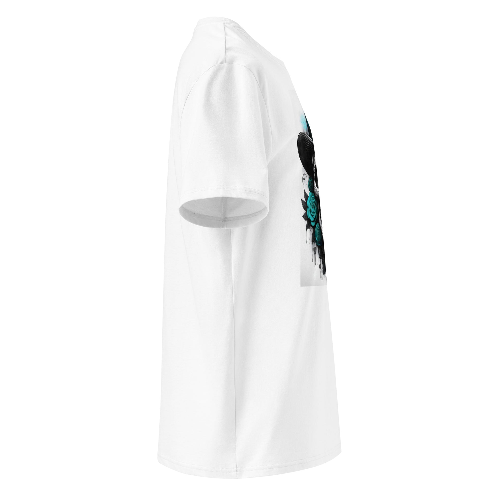 Right side angle of El Jefe Calavera Tee showing clean sleeve without logo and detailed teal top hat skull design.