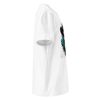 Right side angle of El Jefe Calavera Tee showing clean sleeve without logo and detailed teal top hat skull design.
