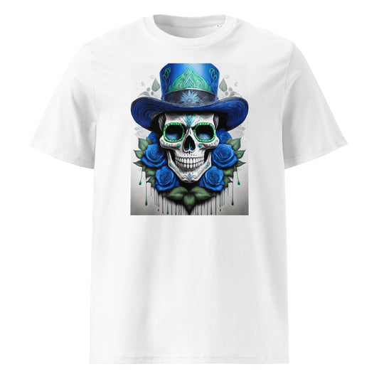 Front view of El Jefe Calavera Tee featuring a blue and green skull in a top hat surrounded by blue roses, inspired by Racing Bulls F1 team colours.