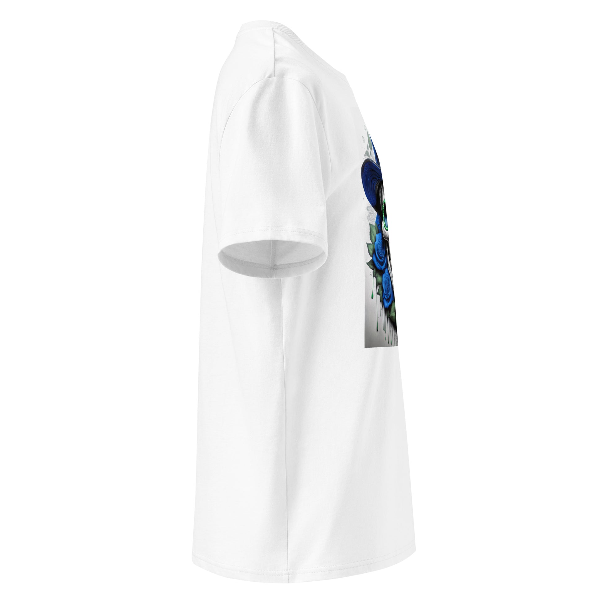 Right side angle of El Jefe Calavera Tee showing clean sleeve without logo and detailed blue top hat skull artwork.
