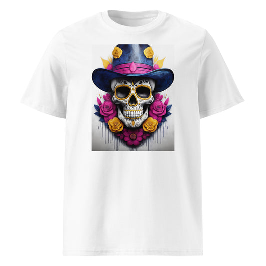 Front view of El Jefe Calavera Tee featuring a navy, yellow, and pink skull in a top hat surrounded by yellow and pink roses, inspired by Red Bull Racing F1 team colours.