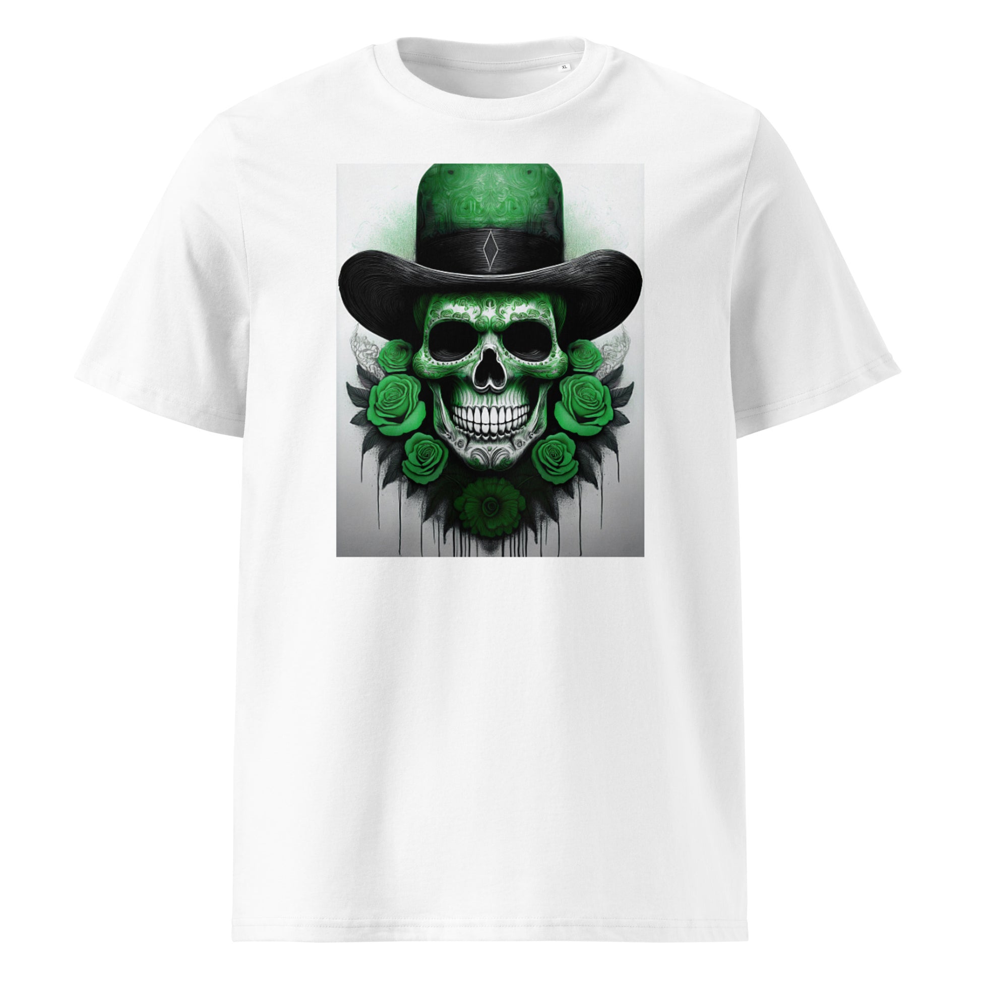 Front view of El Jefe Calavera Tee featuring a green and black skull in a top hat surrounded by green roses, inspired by Stake Sauber F1 team colours.