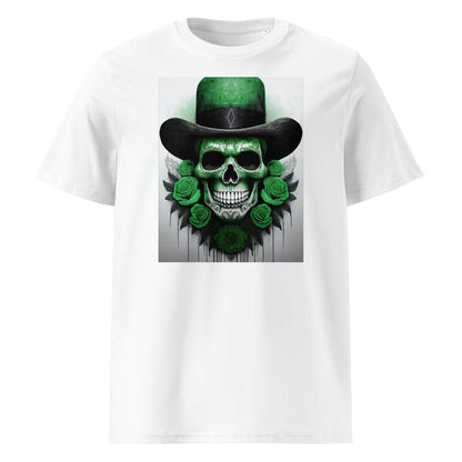 Front view of El Jefe Calavera Tee featuring a green and black skull in a top hat surrounded by green roses, inspired by Stake Sauber F1 team colours.