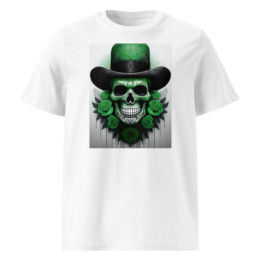 Front view of El Jefe Calavera Tee featuring a green and black skull in a top hat surrounded by green roses, inspired by Stake Sauber F1 team colours.