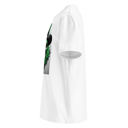 Left side view of El Jefe Calavera Tee highlighting bold green floral skull design and top hat.