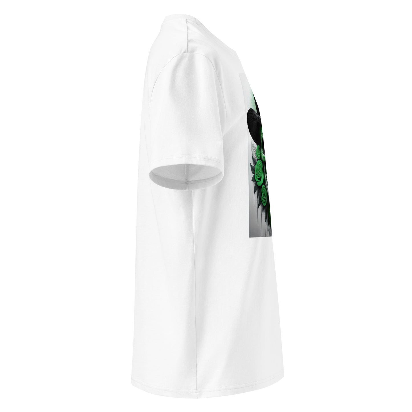 Right side angle of El Jefe Calavera Tee showing clean sleeve without logo and detailed green top hat skull artwork.
