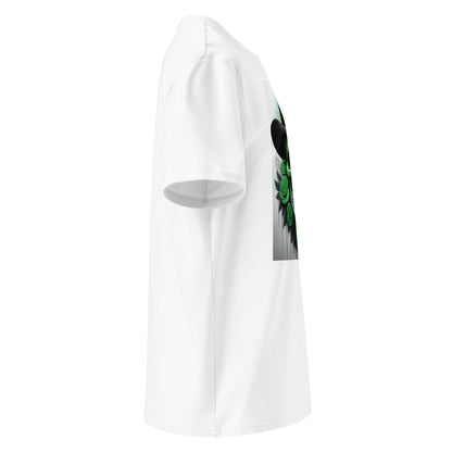 Right side angle of El Jefe Calavera Tee showing clean sleeve without logo and detailed green top hat skull artwork.