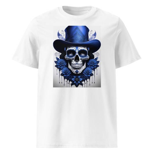 Front view of El Jefe Calavera Tee featuring a blue skull in a top hat surrounded by blue roses, inspired by Williams Racing F1 team colours.