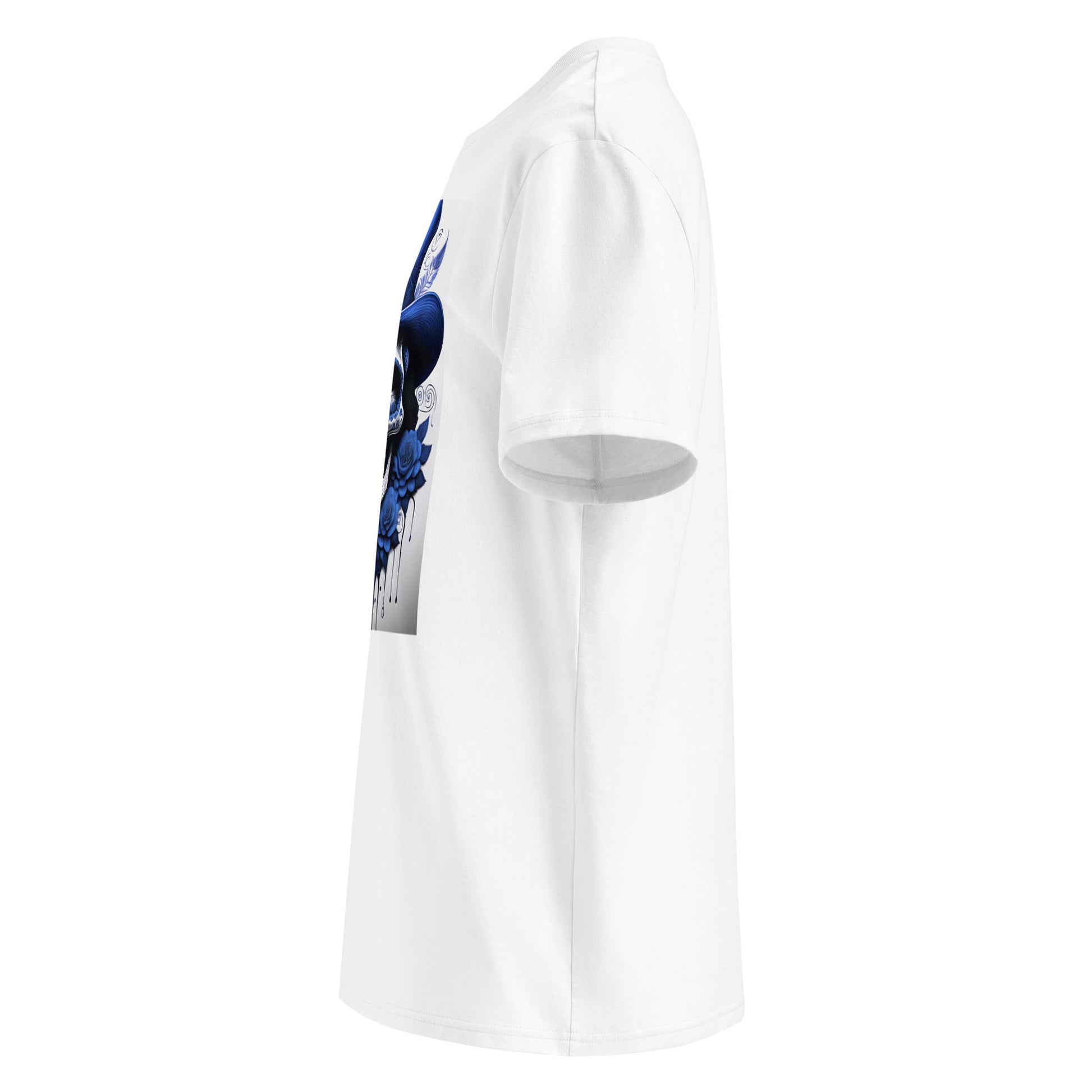 Left side view of El Jefe Calavera Tee highlighting vibrant blue floral skull artwork and top hat.