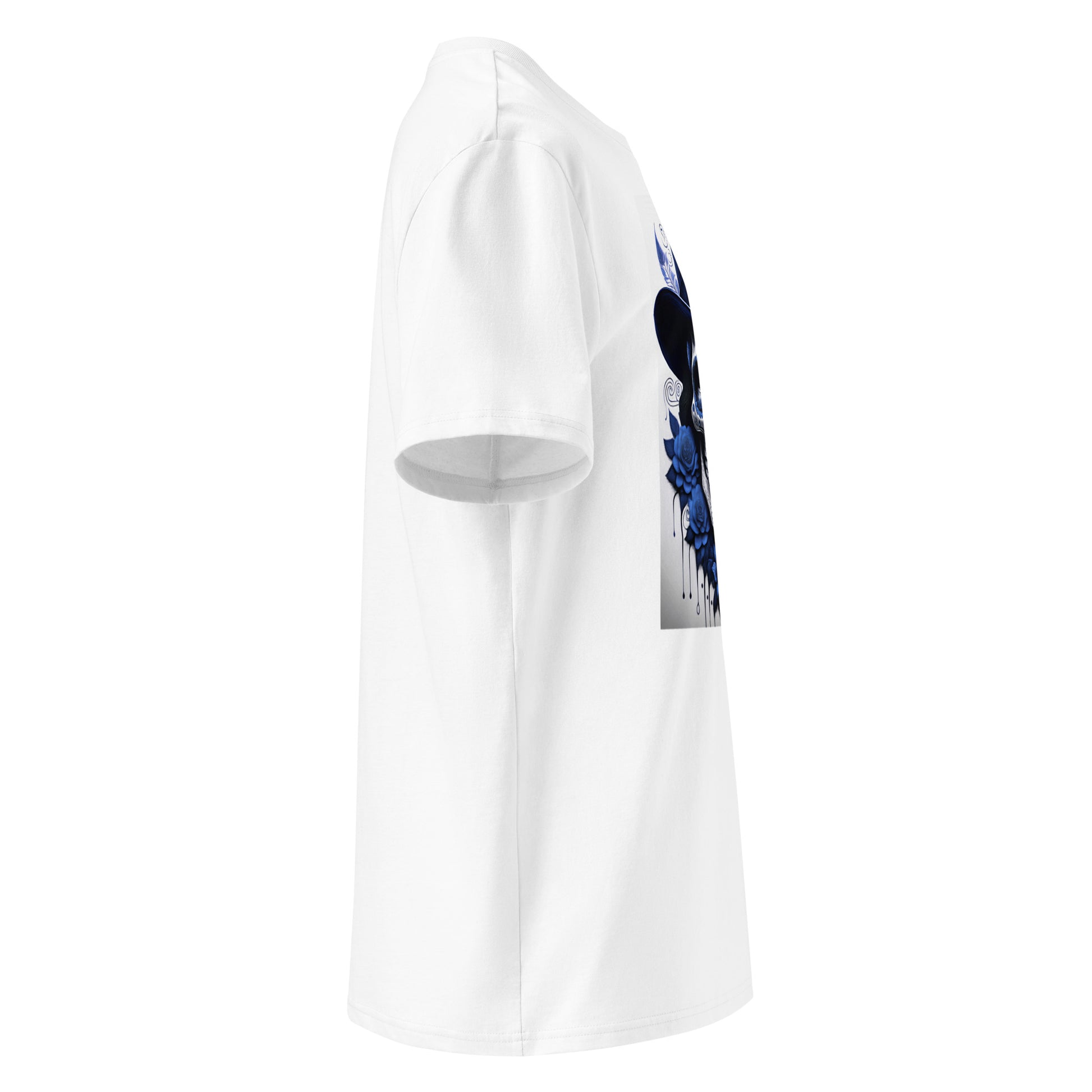 Right side angle of El Jefe Calavera Tee showing clean sleeve without logo and detailed blue top hat skull design.