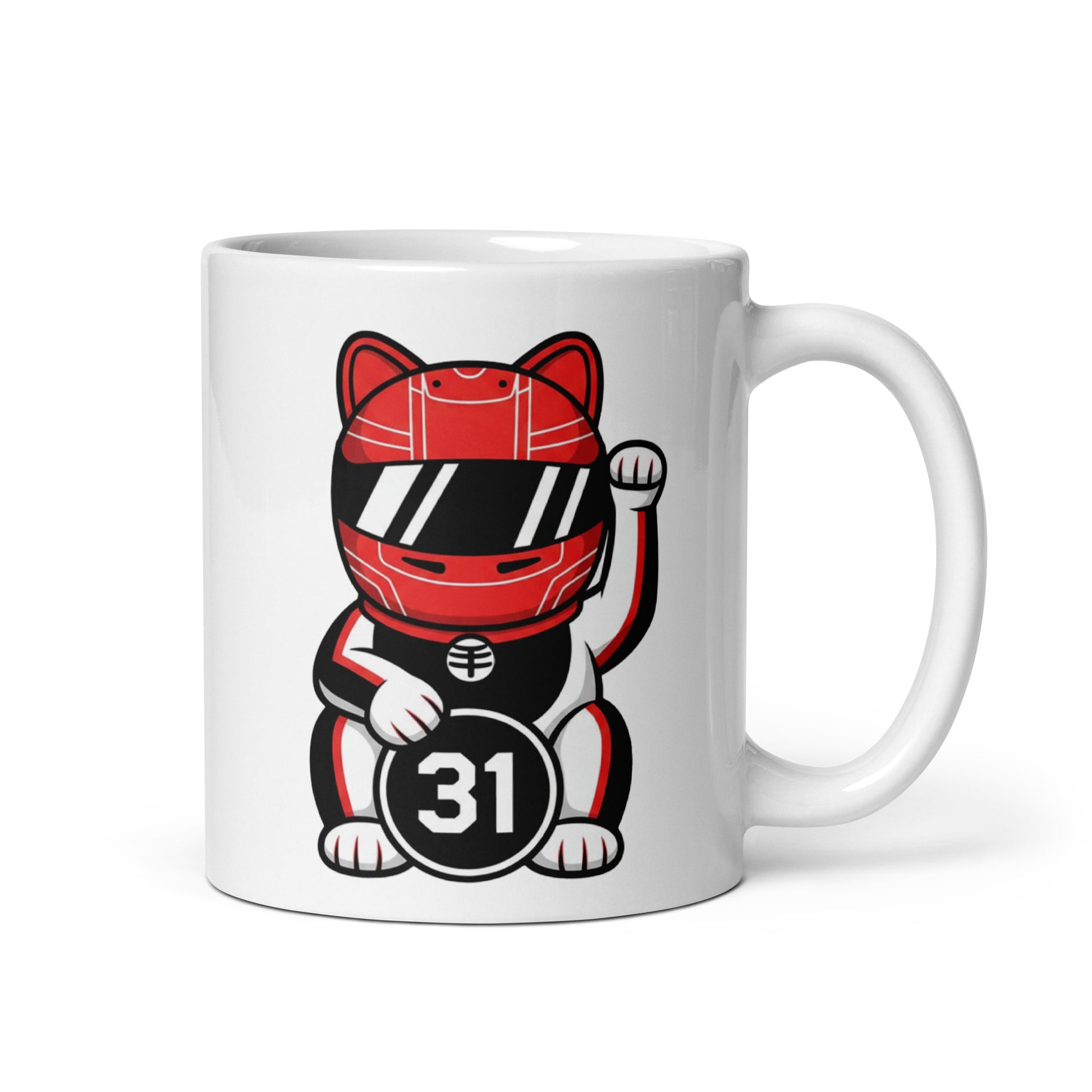 Motorsport-inspired lucky cat mug with red helmet styling and #31 coin detail perfect for race mornings, sleepovers, and desk flex energy.