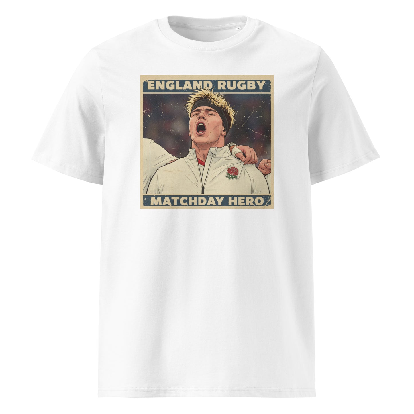 White rugby t-shirt featuring a vintage-style poster of Henry Pollock in an England rugby jersey with Matchday Hero text above and below