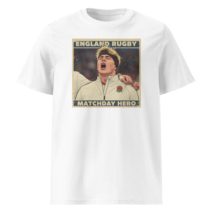 White rugby t-shirt featuring a vintage-style poster of Henry Pollock in an England rugby jersey with Matchday Hero text above and below