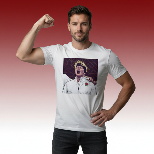 Man wearing a white rugby t-shirt with a graphic design inspired by Henry Pollock on a gradient background