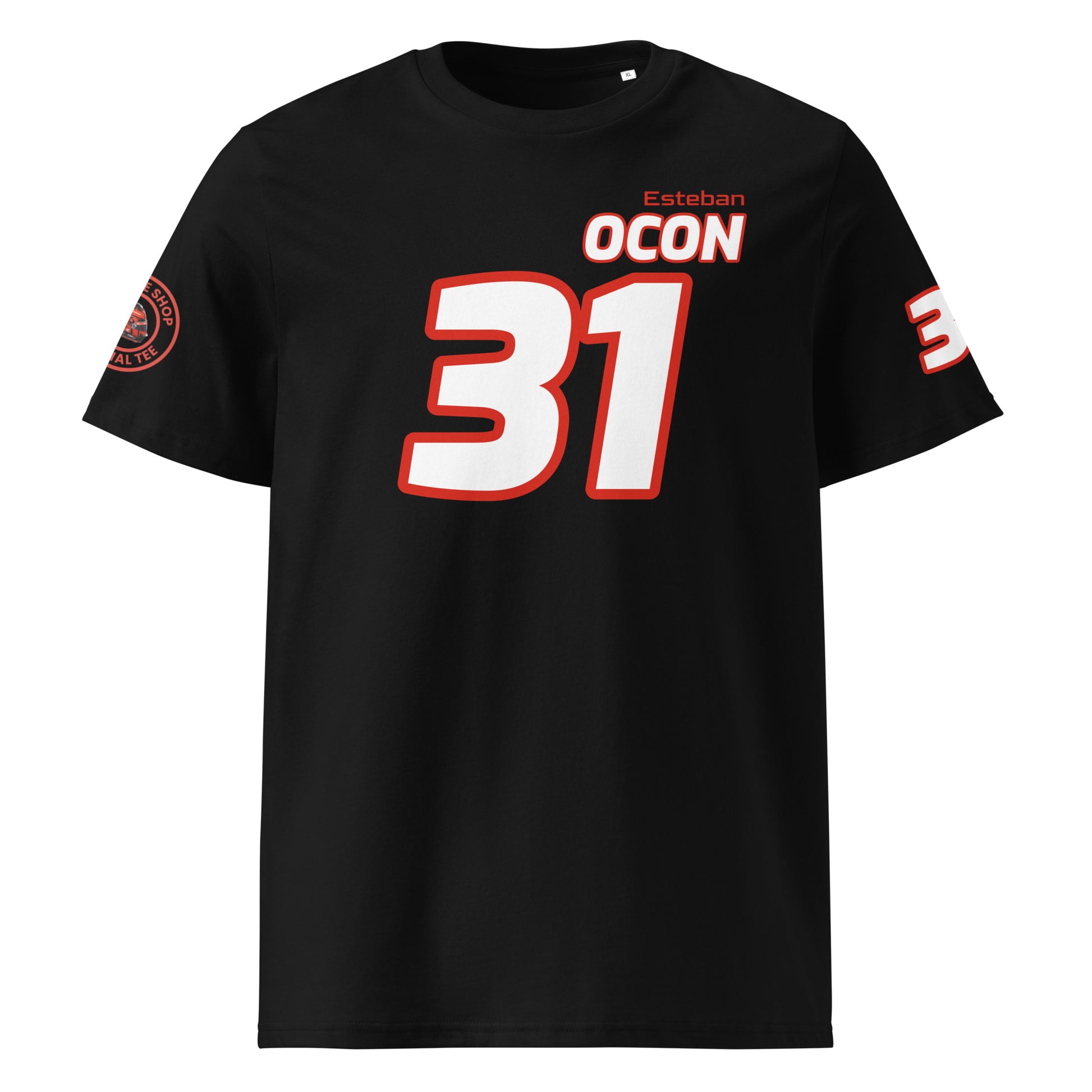 View the front of the black Esteban Ocon T-Shirt, featuring "Esteban Ocon" and the number "31" in red and white. Perfect for F1 fans and petrol heads.
