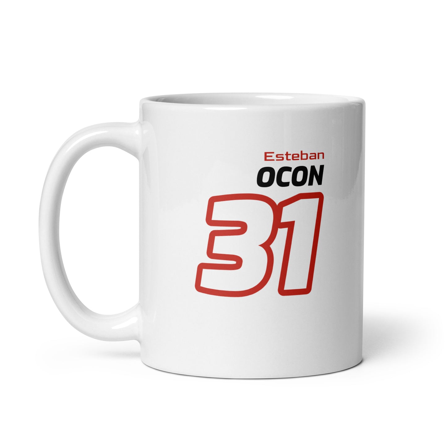 View of the Esteban Ocon Racing Mug from the left handle side, featuring his name and number in Haas's team colours. Great for gifts and collections.