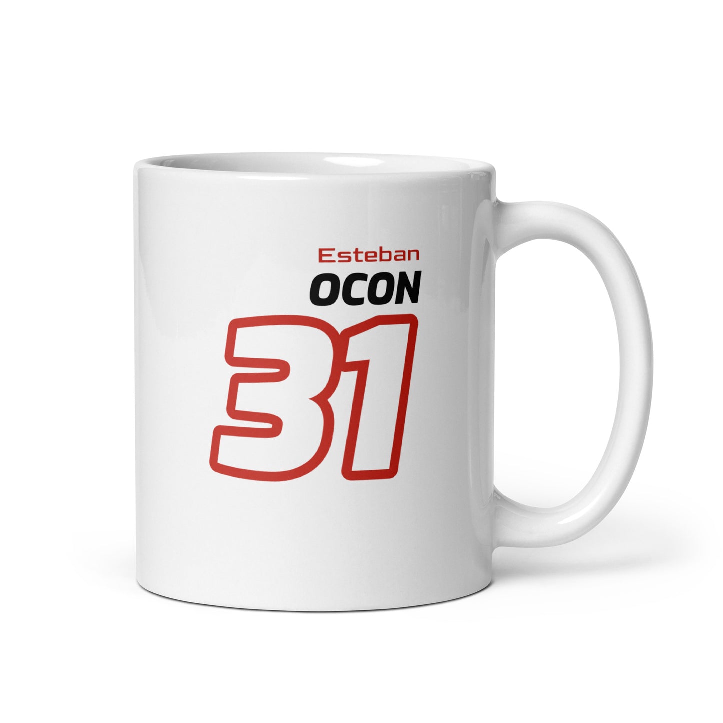 View of the Esteban Ocon Racing Mug from the right handle side, showcasing his name and number in Haas's team colours. Perfect for motorsport fans.