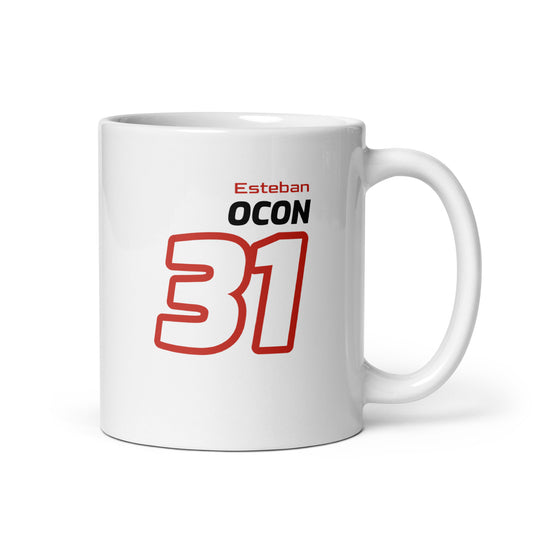 View of the Esteban Ocon Racing Mug from the right handle side, showcasing his name and number in Haas's team colours. Perfect for motorsport fans.