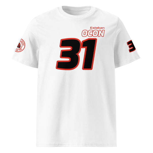 View the front of the white Esteban Ocon T-Shirt, featuring "Esteban Ocon" and the number "31" in red and white. Perfect for F1 fans and petrol heads.