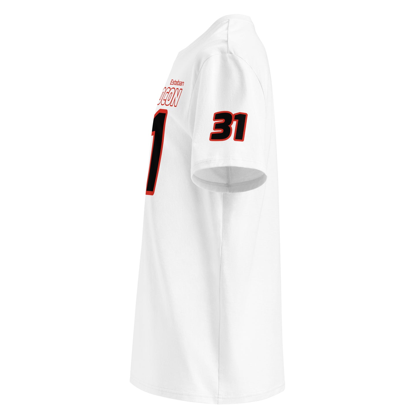 See the left sleeve of the white Esteban Ocon T-Shirt, featuring additional logos or designs. Ideal for car meets and shows.