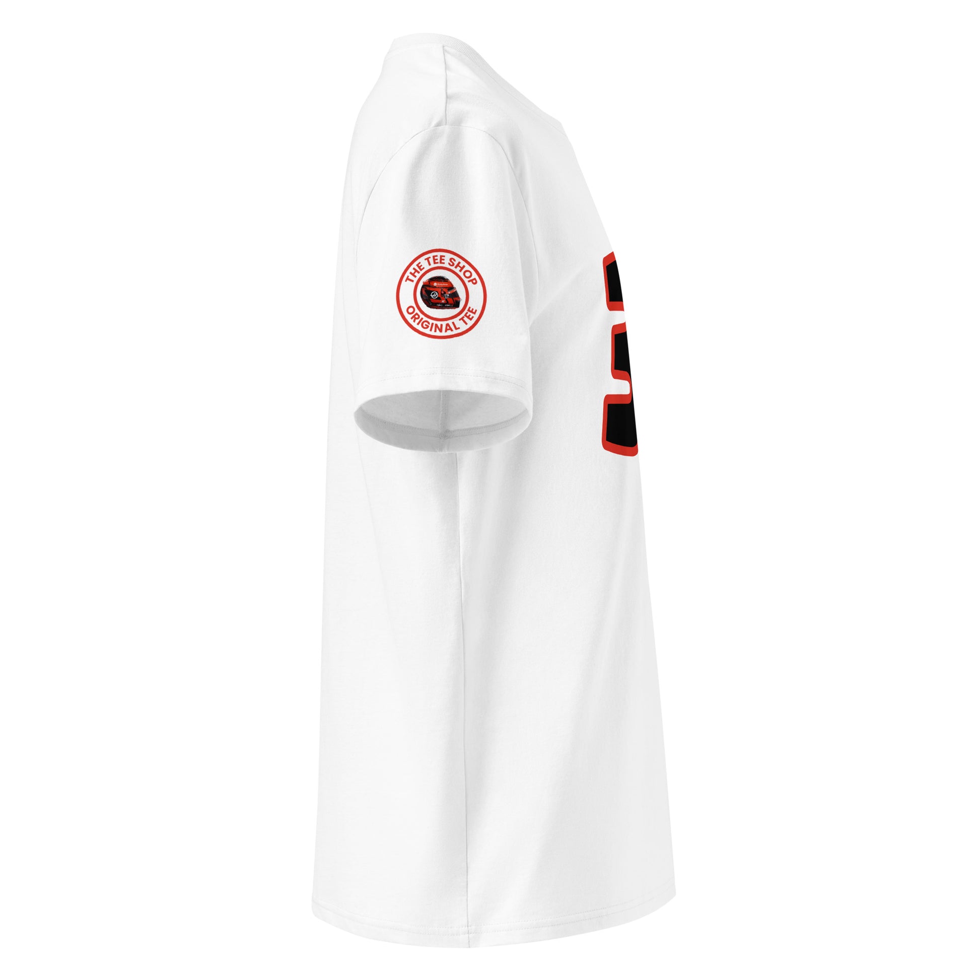 Check out the right sleeve of the white Esteban Ocon T-Shirt, showcasing TheTeeShop logo with a unique image correlating to Esteban Ocon.