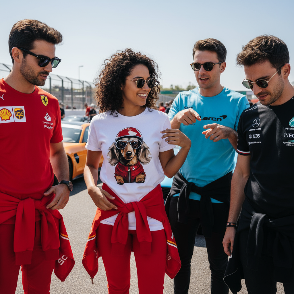 Group of four F1 fans, one in the Leo Leclerc T-Shirt, others in Ferrari, Mercedes, and McLaren tees, all admiring the unique Leo Leclerc design.