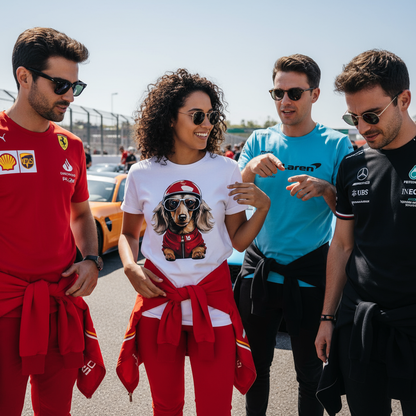 Group of four F1 fans, one in the Leo Leclerc T-Shirt, others in Ferrari, Mercedes, and McLaren tees, all admiring the unique Leo Leclerc design.