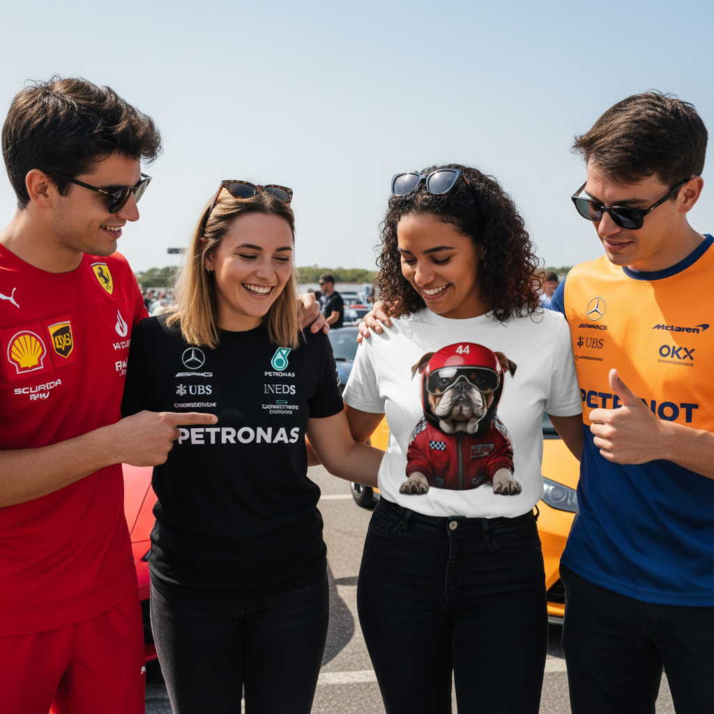 Group of four F1 fans, one in the Roscoe Hamilton T-Shirt, others in Ferrari, Mercedes, and McLaren tees, all admiring the unique Roscoe Hamilton design.