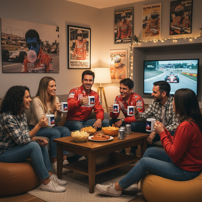 A group of friends, all Senna fans, gather with Ayrton tribute mugs and F1 decor, celebrating the legendary driver’s impact on motorsport.