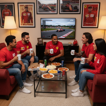 Join the ultimate F1 race day party! A group of friends, all Ferrari fans, gather with Roscoe and Lewis mugs and snacks, ready to cheer for Lewis Hamilton. A must-see for every motorsport enthusiast.
