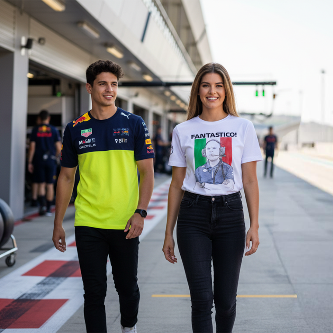 Female F1 fan wearing a white FANTASTICO! GP race engineer T‑shirt walking through the paddock with two friends, one in a dark blue and neon yellow top and one in a red top inspired by Ferrari colours, with garages and pit lane blurred behind.