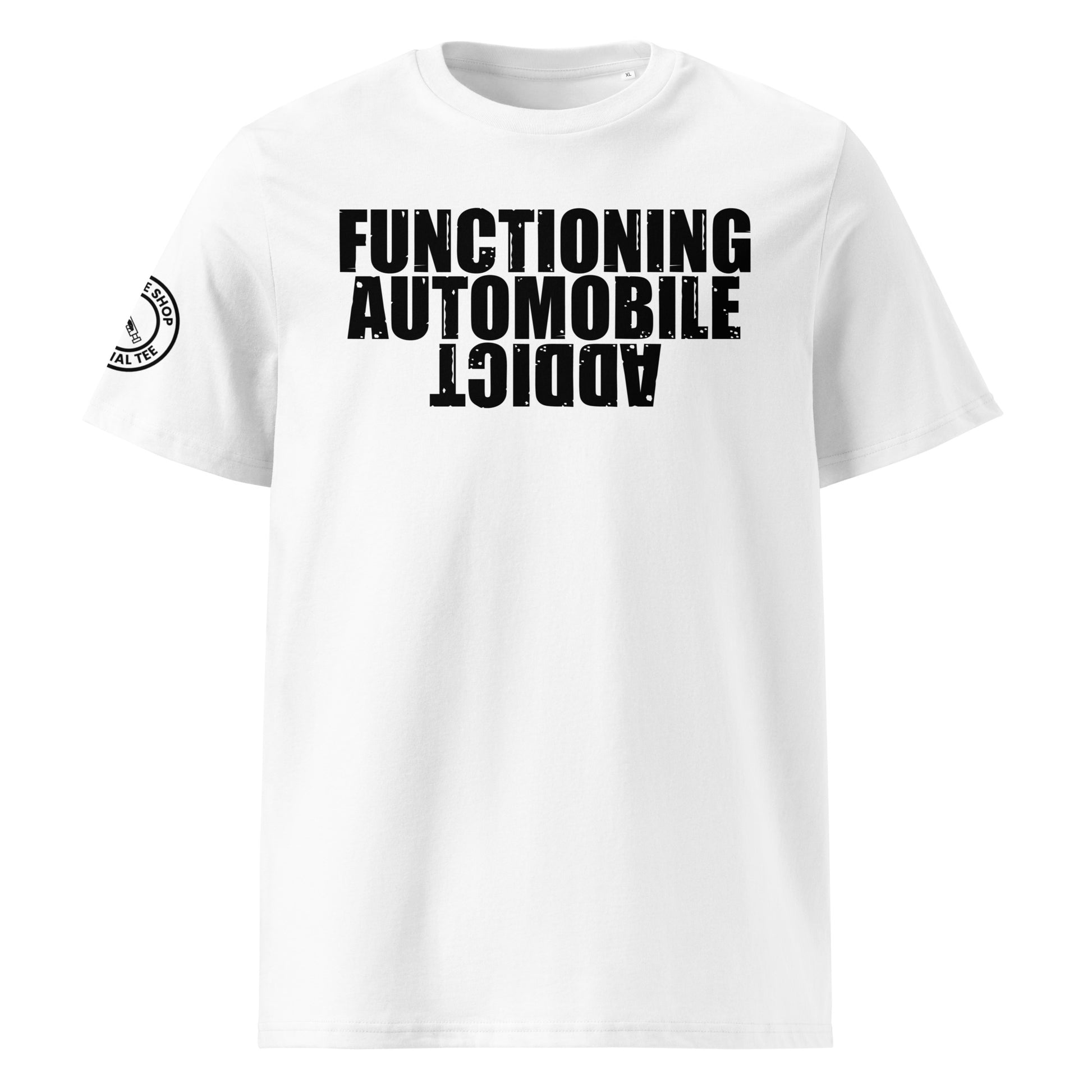 Check out the front view of the "FUNCTIONING AUTOMOBILE ADDICT" White T-Shirt with a weathered effect, perfect for car meets. Available now at TheTeeShop!

