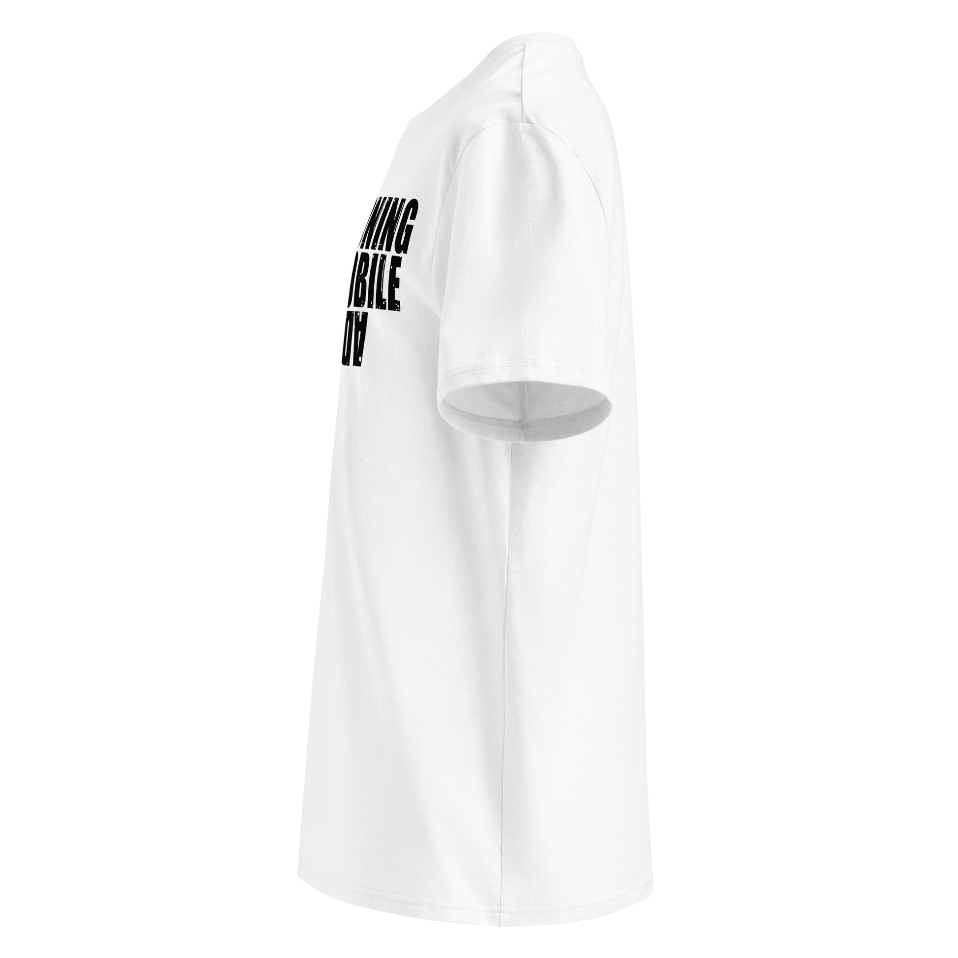 Explore the left view of the "FUNCTIONING AUTOMOBILE ADDICT" White T-Shirt with a weathered effect, a must-have for car enthusiasts. Get yours at TheTeeShop!