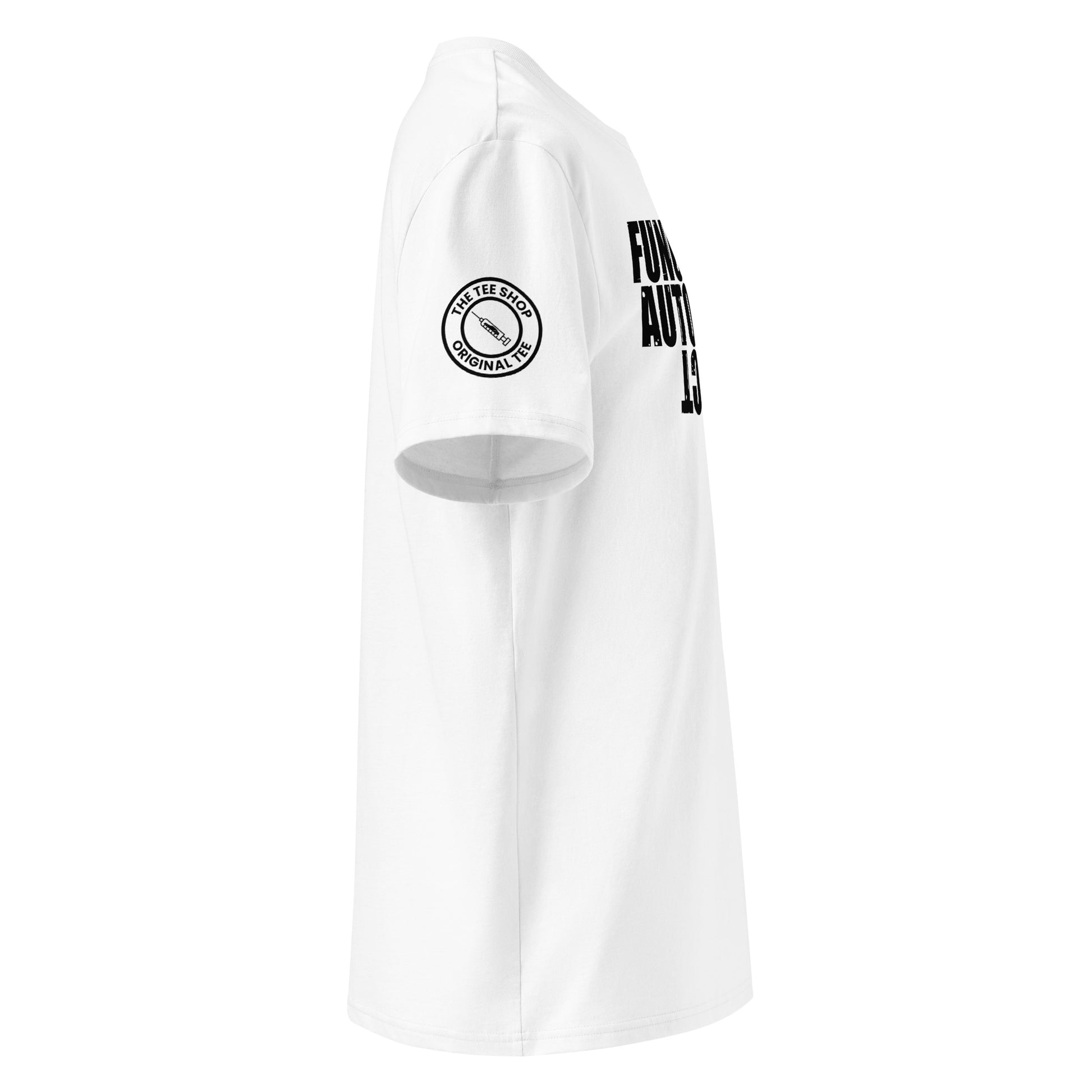 See the right view of the "FUNCTIONING AUTOMOBILE ADDICT" White T-Shirt with a weathered effect, featuring TheTeeShop logo. Ideal for car meets and automotive events!
