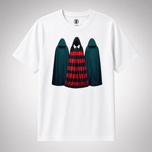 White organic cotton rugby t-shirt featuring three hooded figures graphic in Blackheath red and black retro colours on grey background.