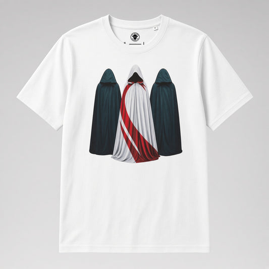 White organic cotton rugby t-shirt featuring three hooded figures graphic in white and red England matchday colours on a grey background