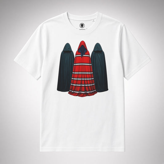 White organic cotton rugby t-shirt featuring three hooded figures graphic in cherry and white retro colours grey background