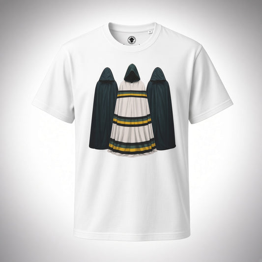 White organic cotton rugby t-shirt featuring three hooded figures graphic in Northampton away colours