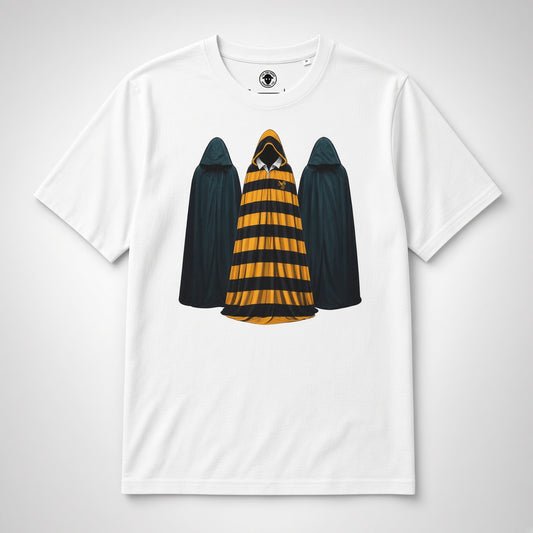 White organic cotton rugby t-shirt featuring three hooded figures graphic in black and gold retro colours