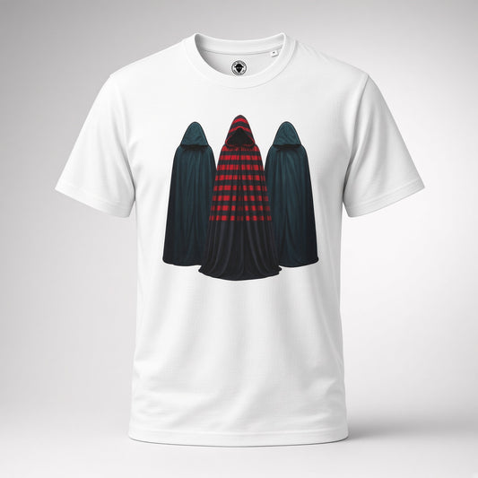 White organic cotton rugby t-shirt featuring three hooded figures graphic in Saracens red and black retro colours on a grey background.